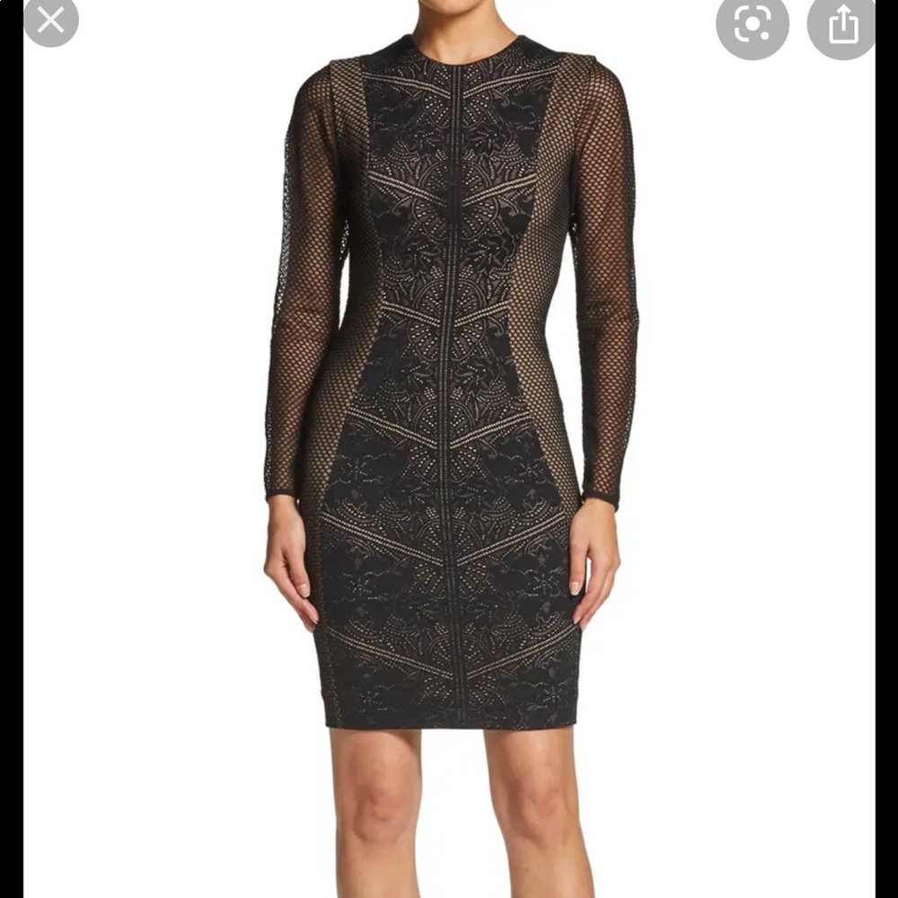 Dress the Population Mesh detail black/nude dress